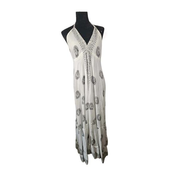 Boho Maxi Dress White & Black Halter Neckline Tie Back Dress Size Small - Picture 1 of 7